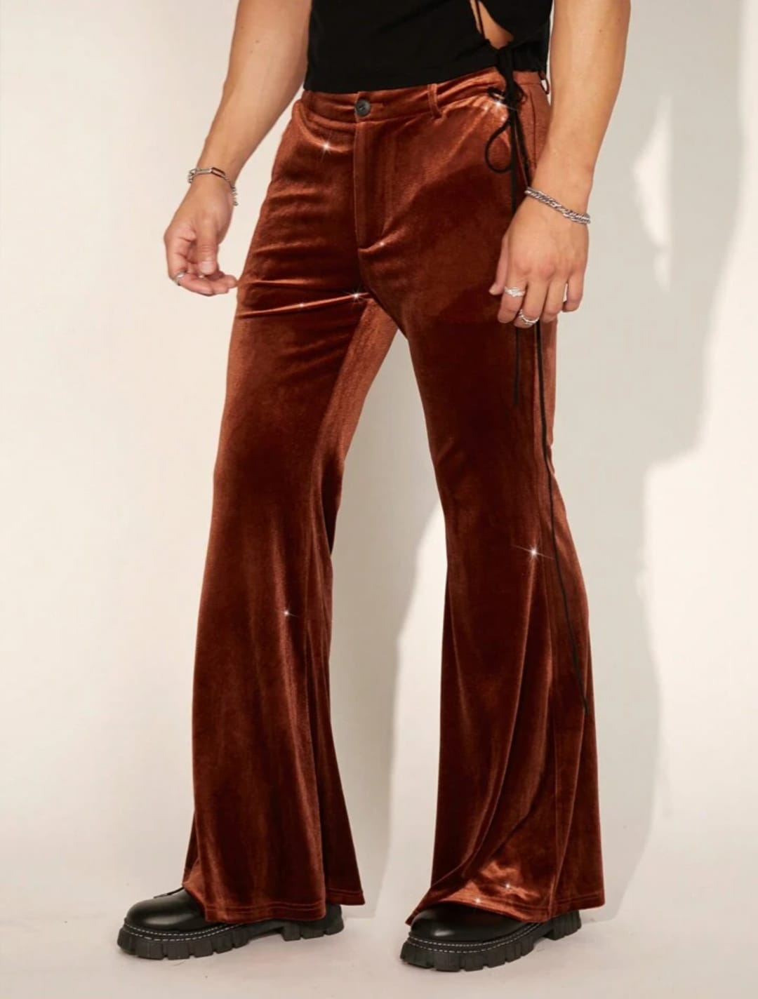 Men's Brown Velvet Flared Pants – Retro Wide-Leg Fashion Trousers
